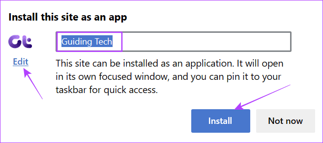 rename edit and hit Install to activate web apps from Edge