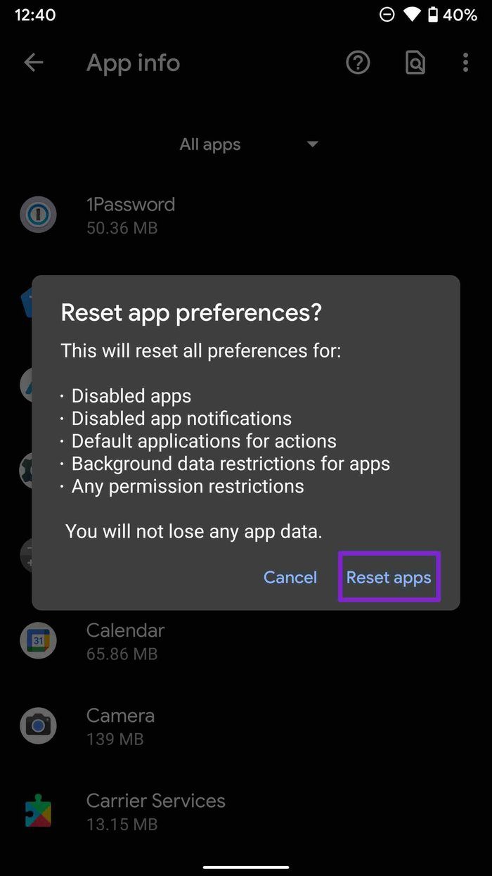 Reset apps on android