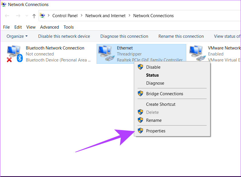 right click on ethernet connection