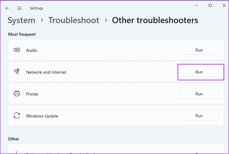 run network and internet troubleshooter 2
