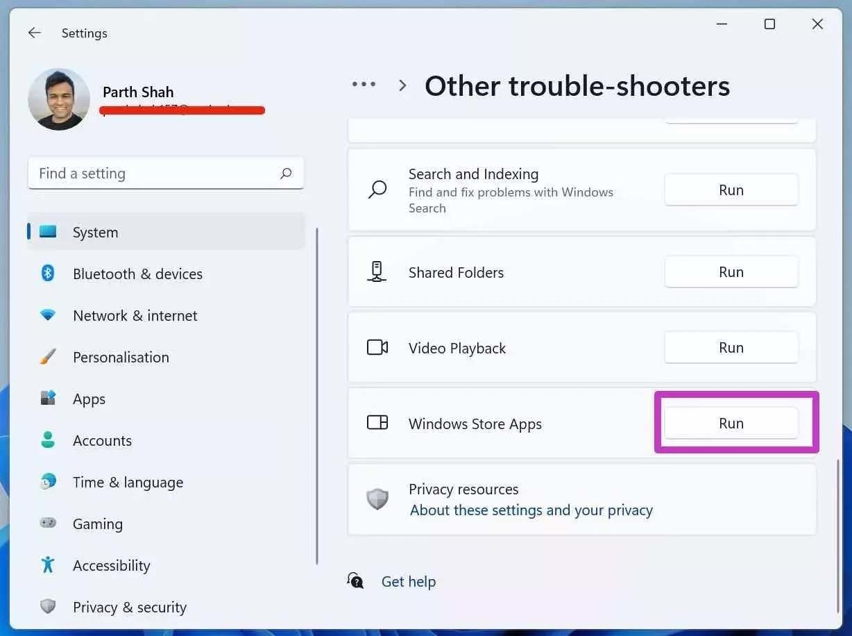 Run windows store apps troubleshooter