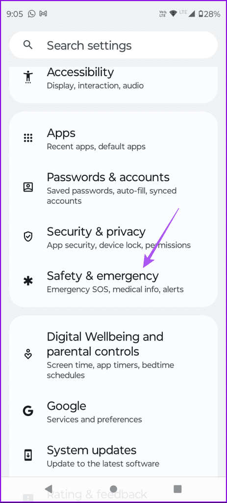 safety and emergency android settings