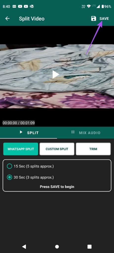 save 30 second video splits WhatsApp status android 