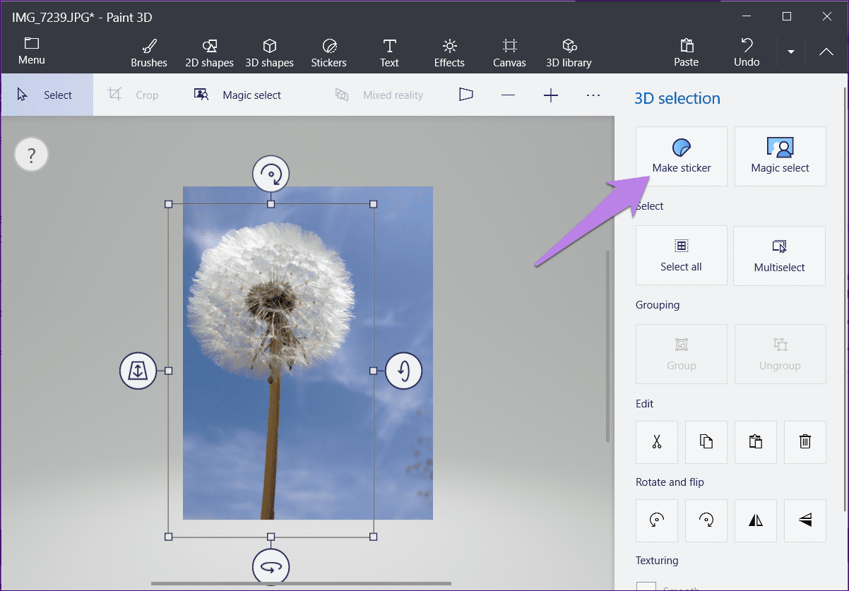 Save magic select image in paint 3d 24