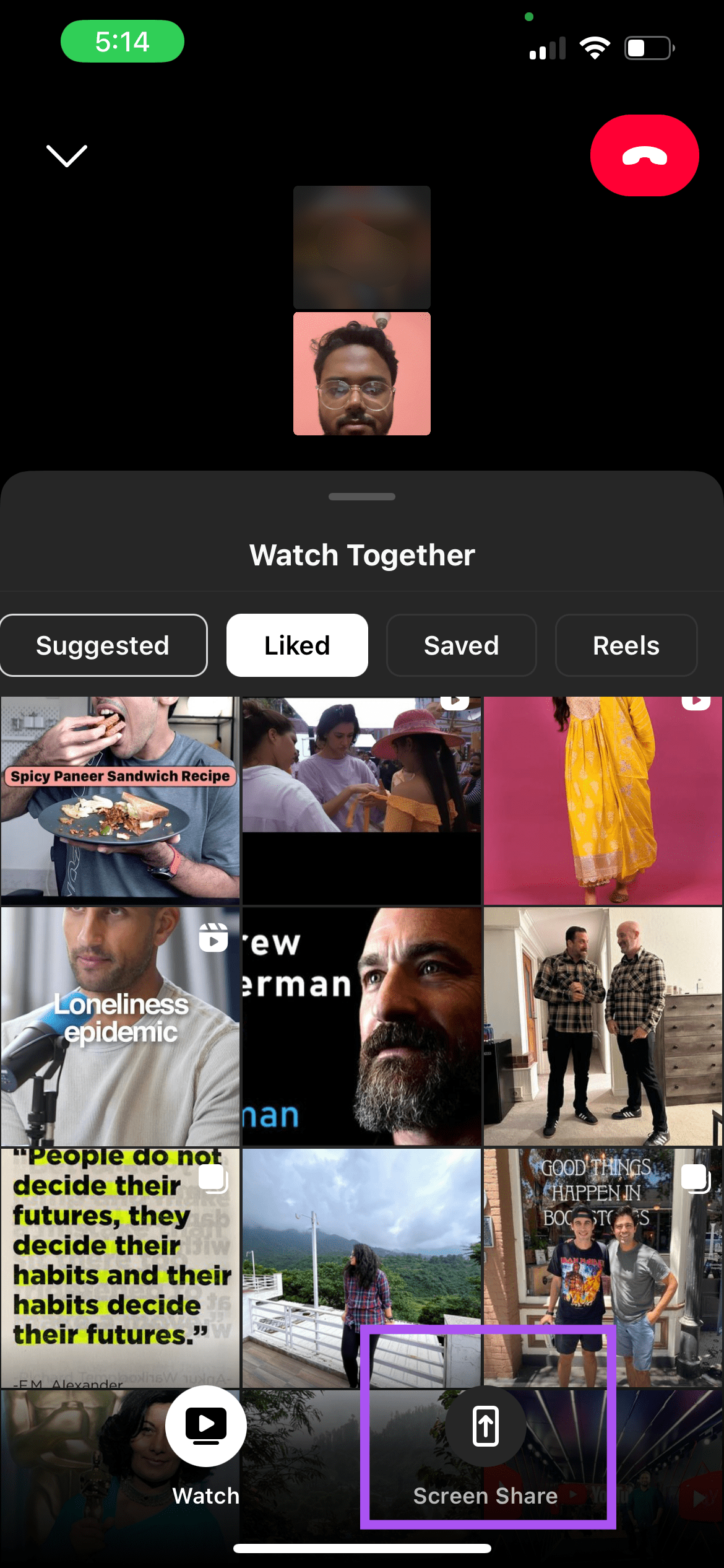 screen sharing option instagram video call mobile
