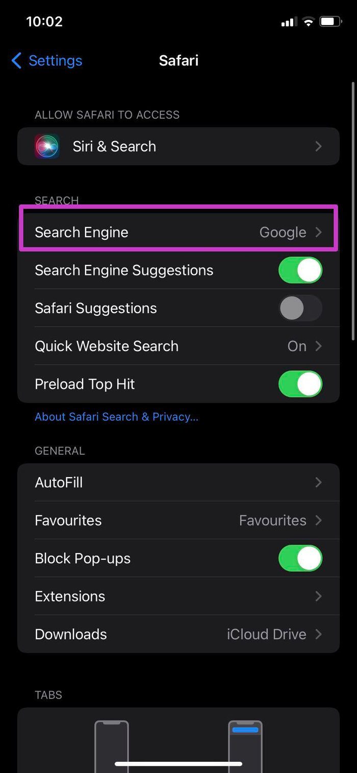 Search engine menu