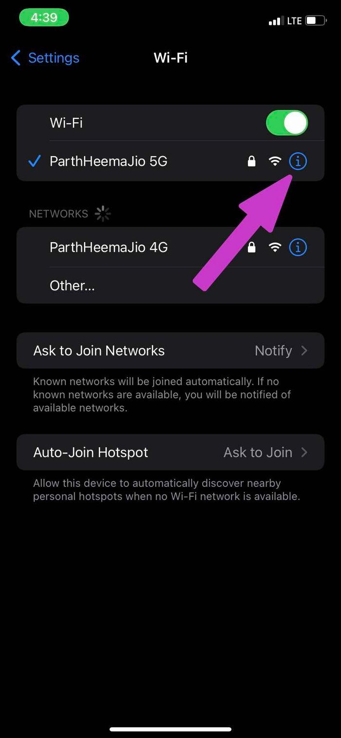 Select Wi Fi info menu