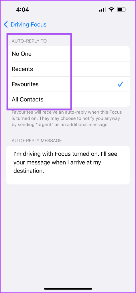 select auto reply contacts driving focus iphone