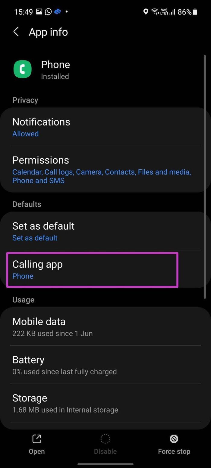 Select default calling app