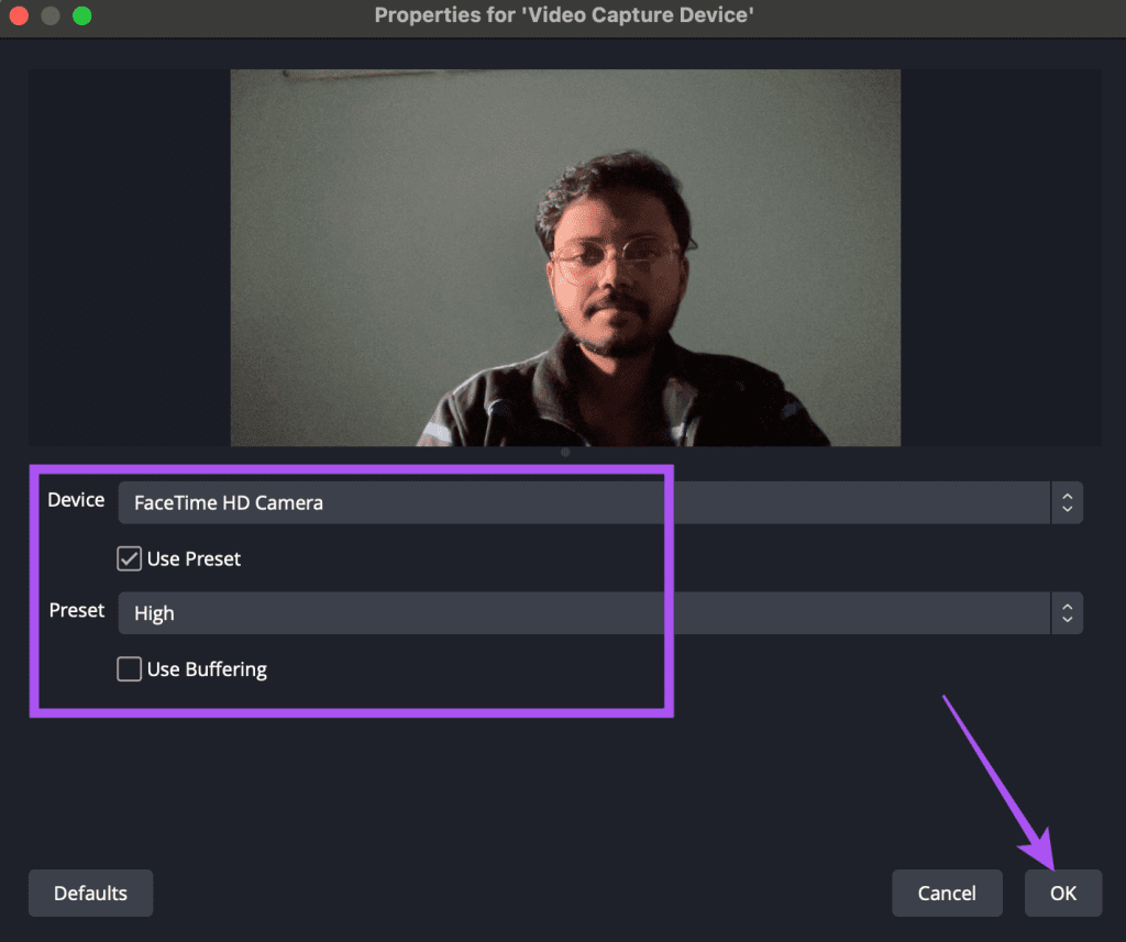 select device and resolution obs video capture