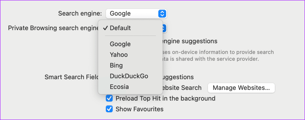 select new search engine private tabs safari mac