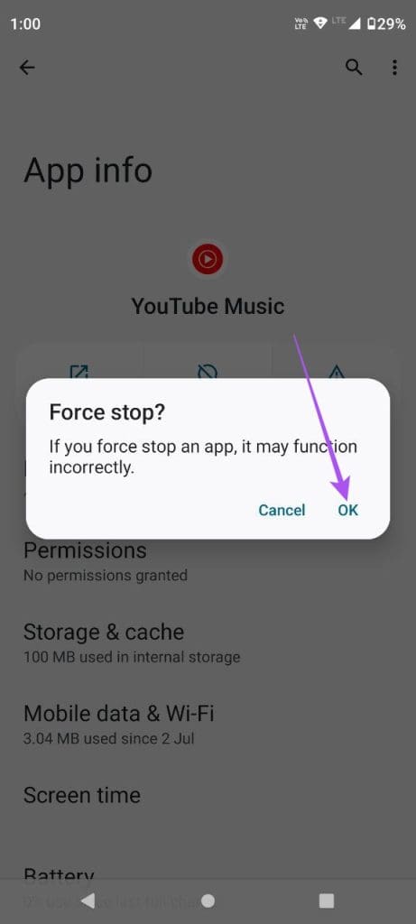seleccione de acuerdo para forzar la salida de la música de Android