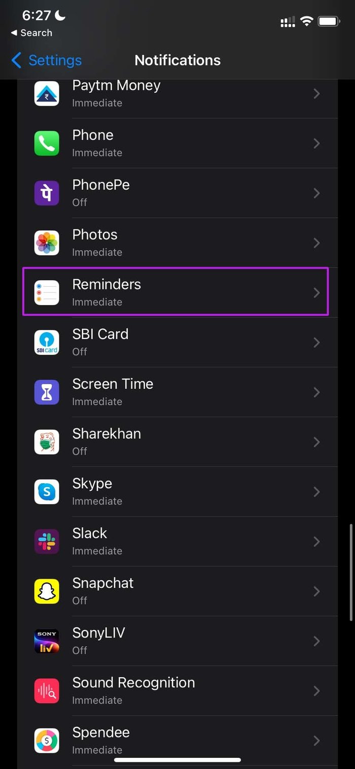 Select reminders in notificationws