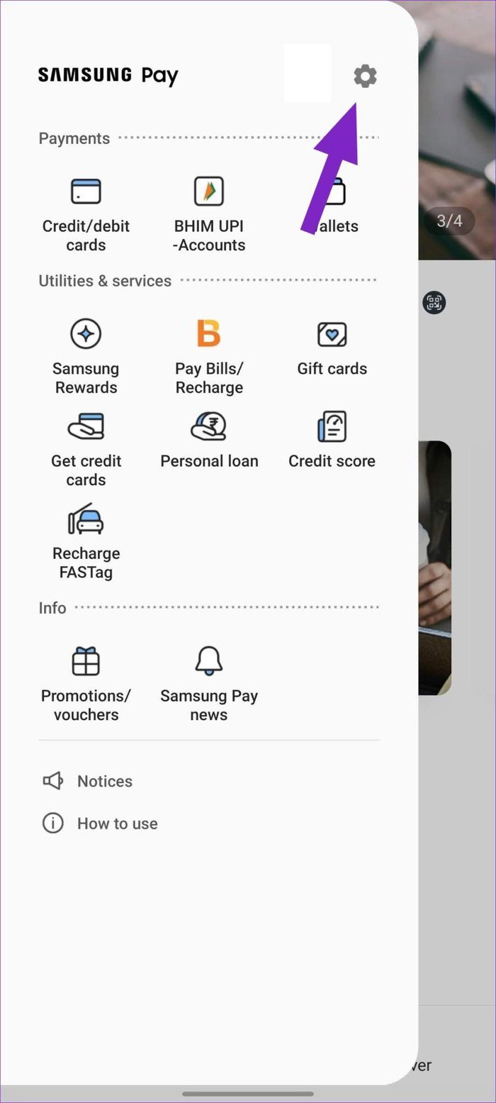 Select settings in samsung pay