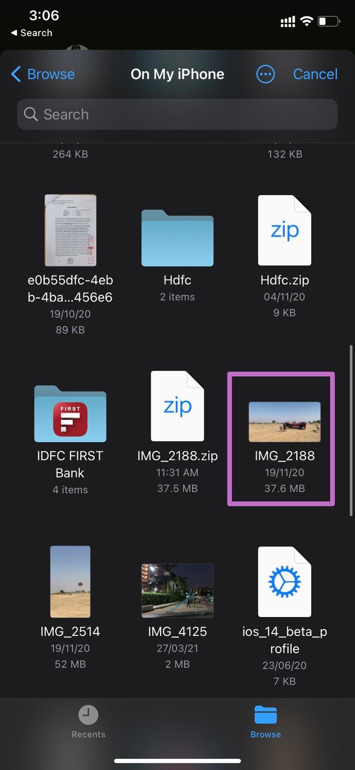 Select video from the files app