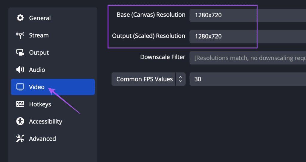 set base and output resolution video setings obs