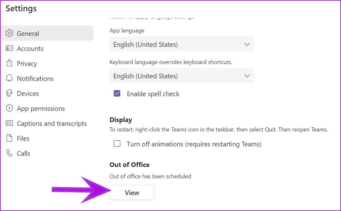 Set out of office from settings set out of office in teams