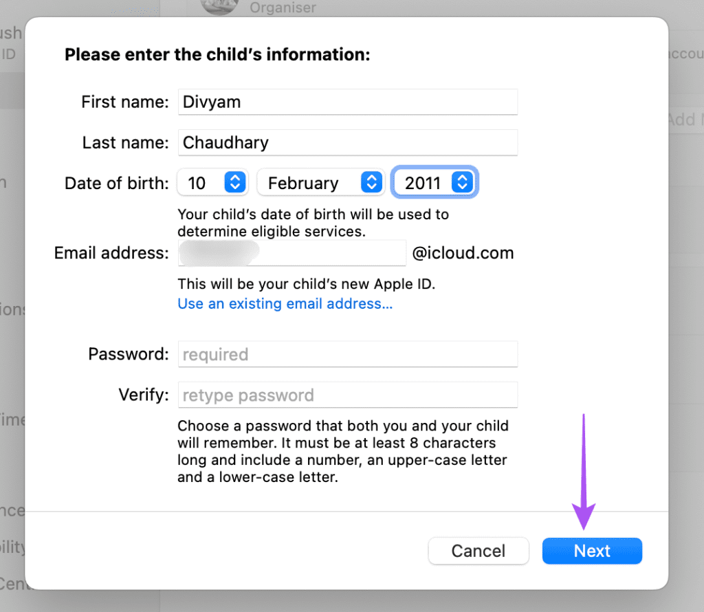 set password for child account family sharing mac