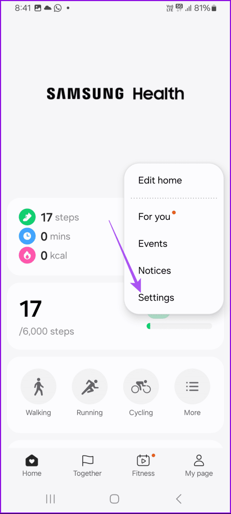 settings samsung health app