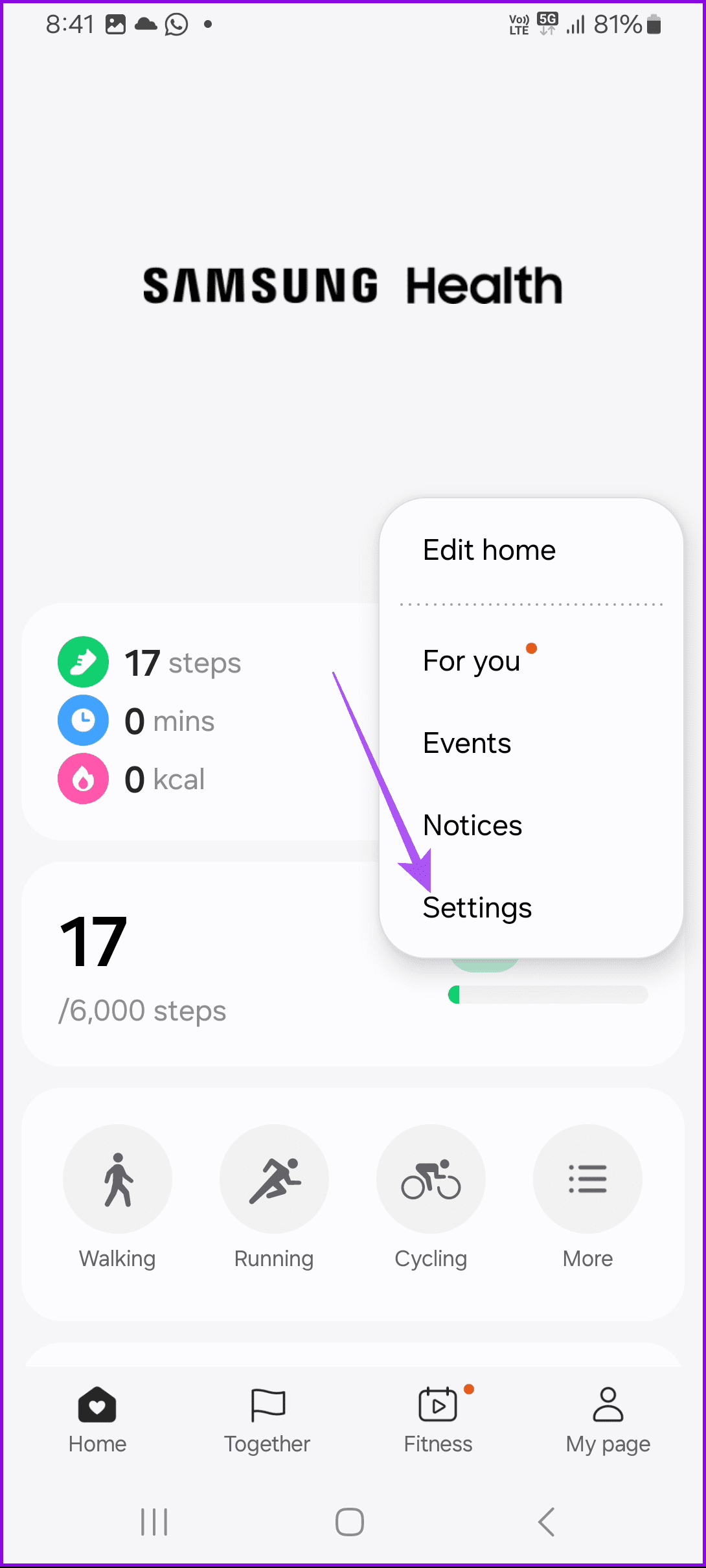 settings samsung health app