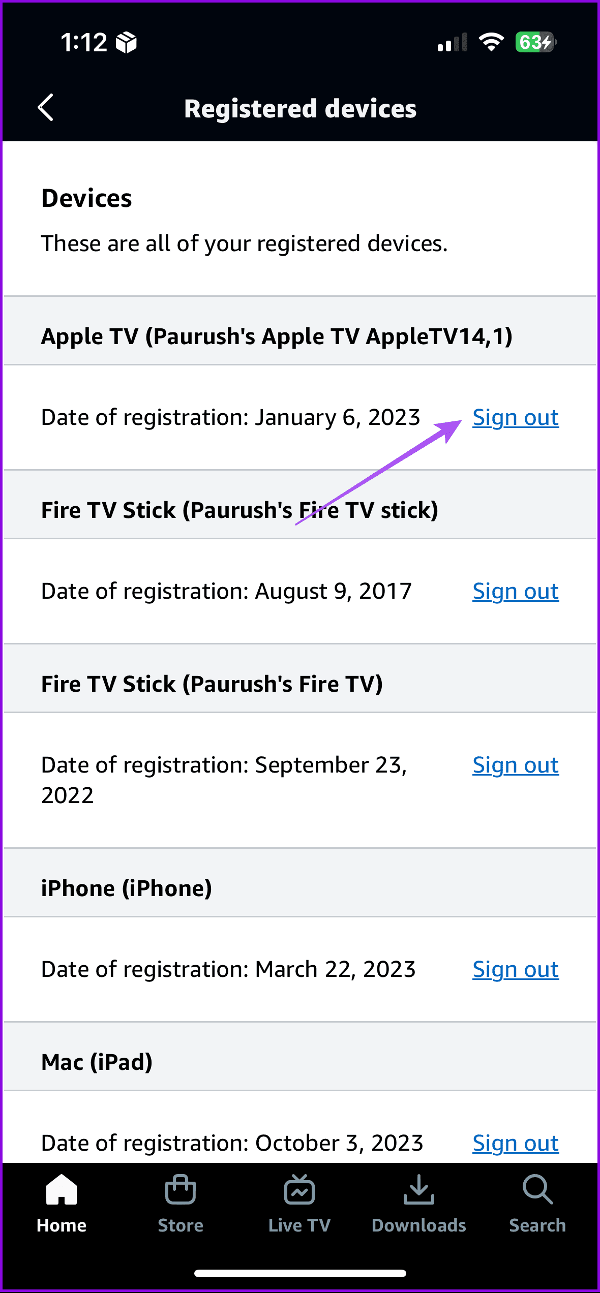 sign out registered device prime video app