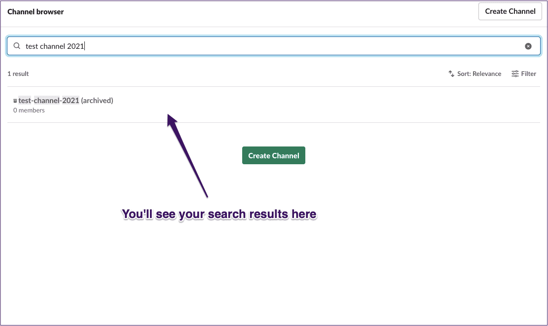 Slack channel browser search function