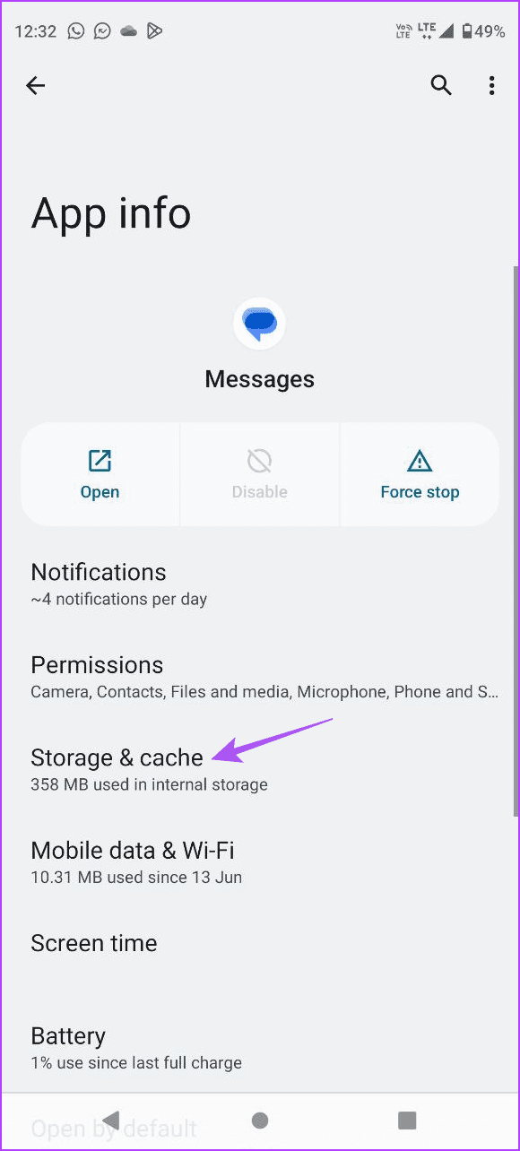 storage and cache app info messages app android