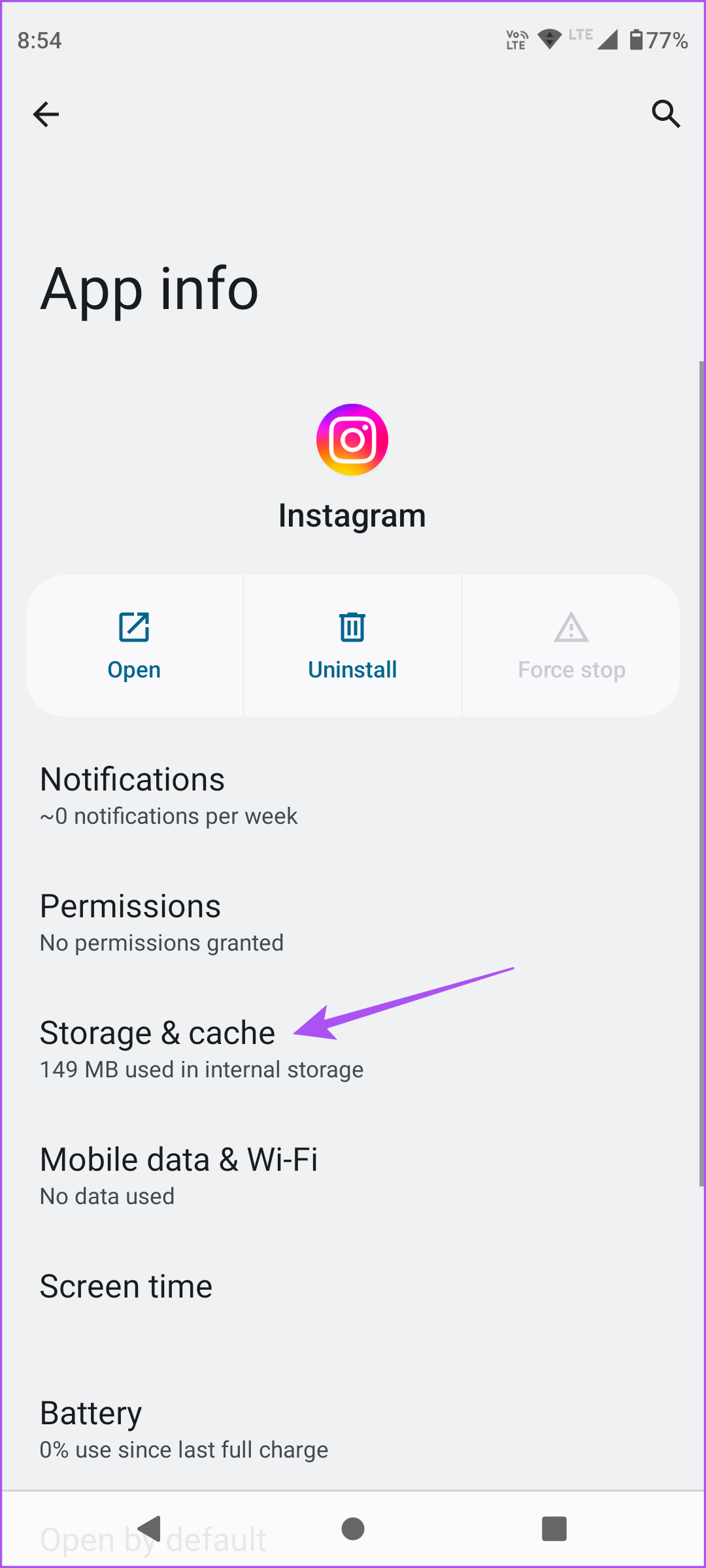 storage and cache Instagram android