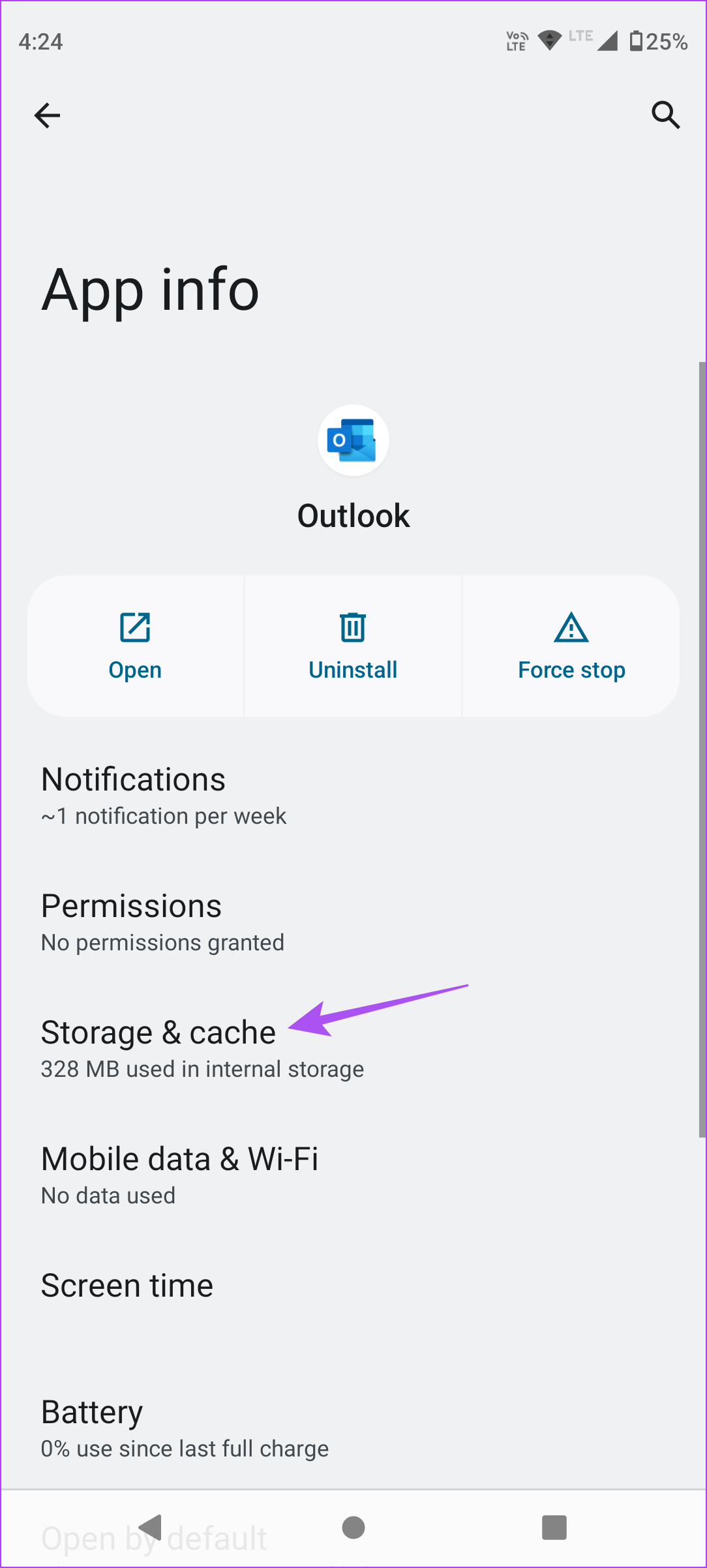 storage and cache outlook android
