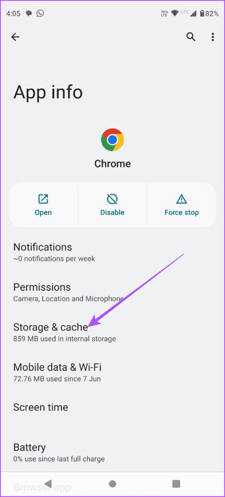 storage and cache web browser android