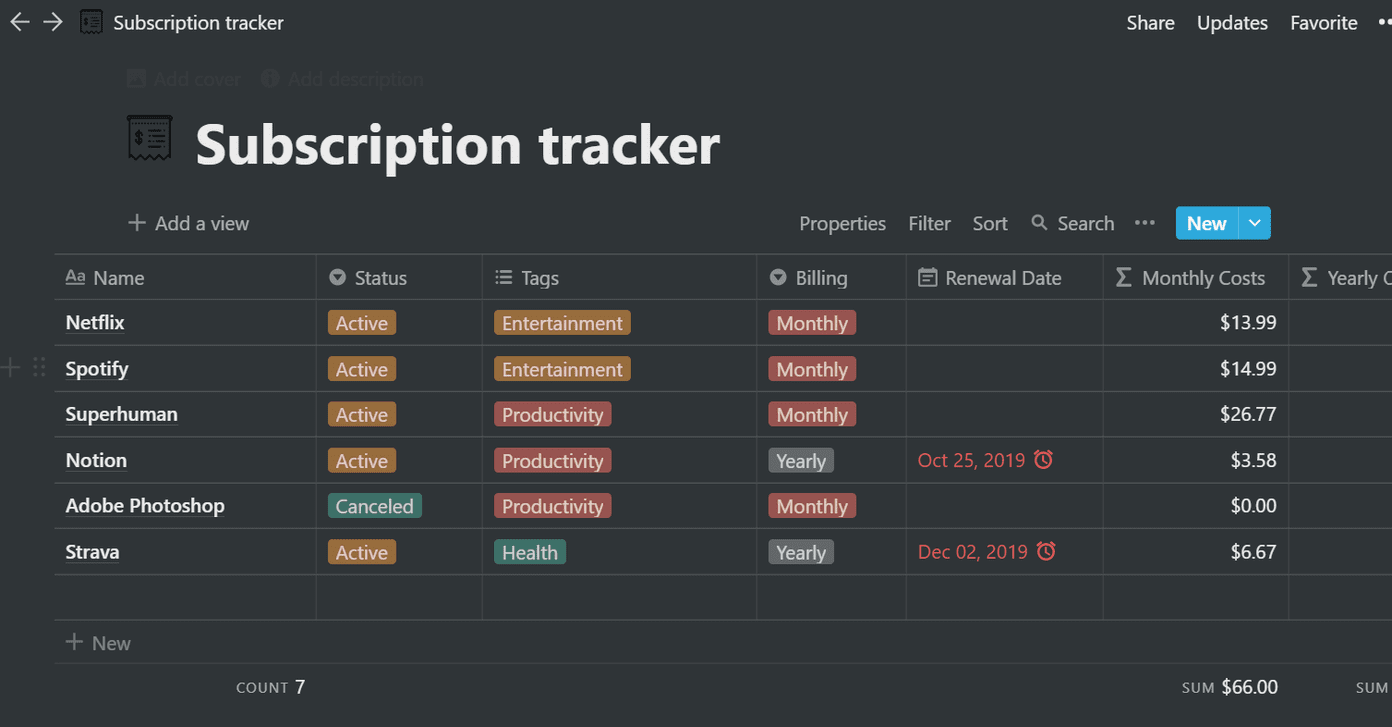 Subscription tracker notion template