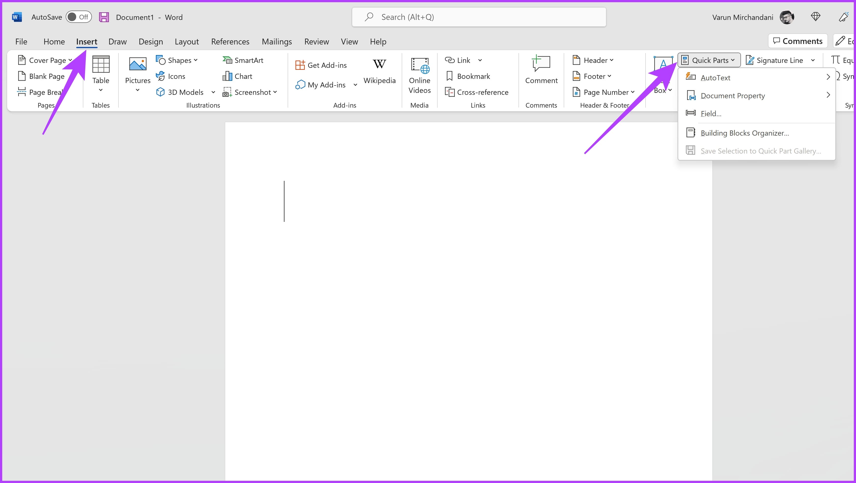 switch to the Insert tab on the ribbon up top and click on the Quick Parts option Get Text Replacement on Windows - 3
