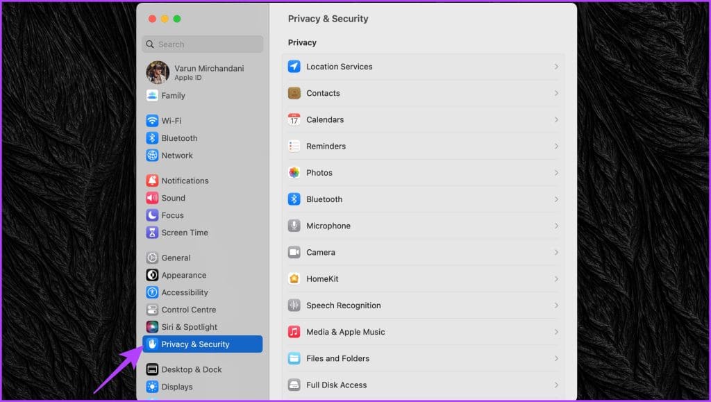 switch to the Privacy Security section from the left sidebar