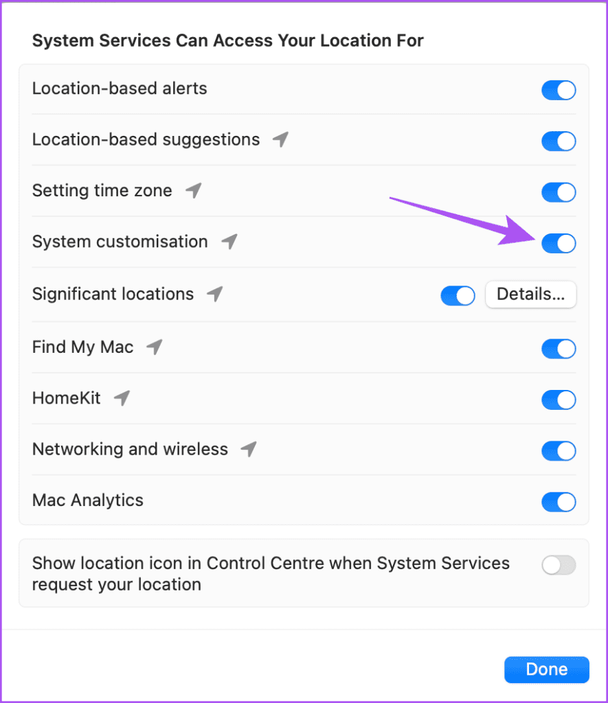 system customization location services Mac