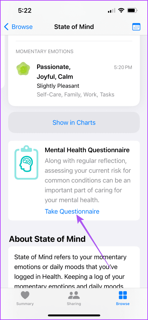 take mental heatlh questionnaire health app iPhone