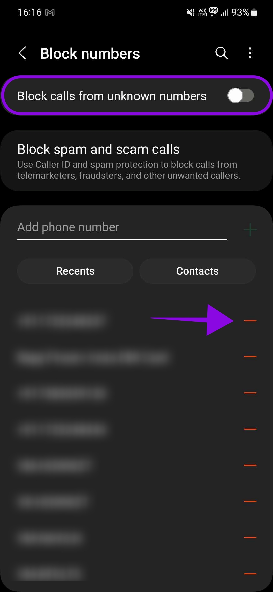 tap minus to unblock contacts.