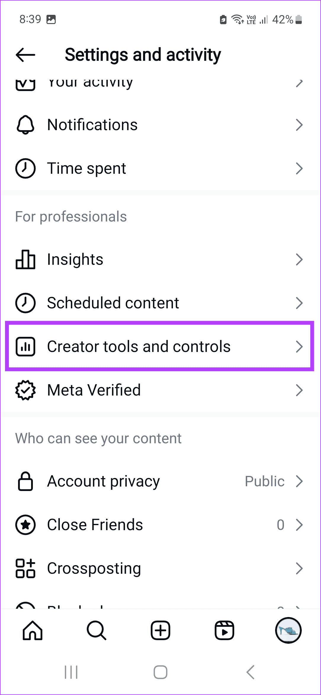 tap on Creator tools and controls