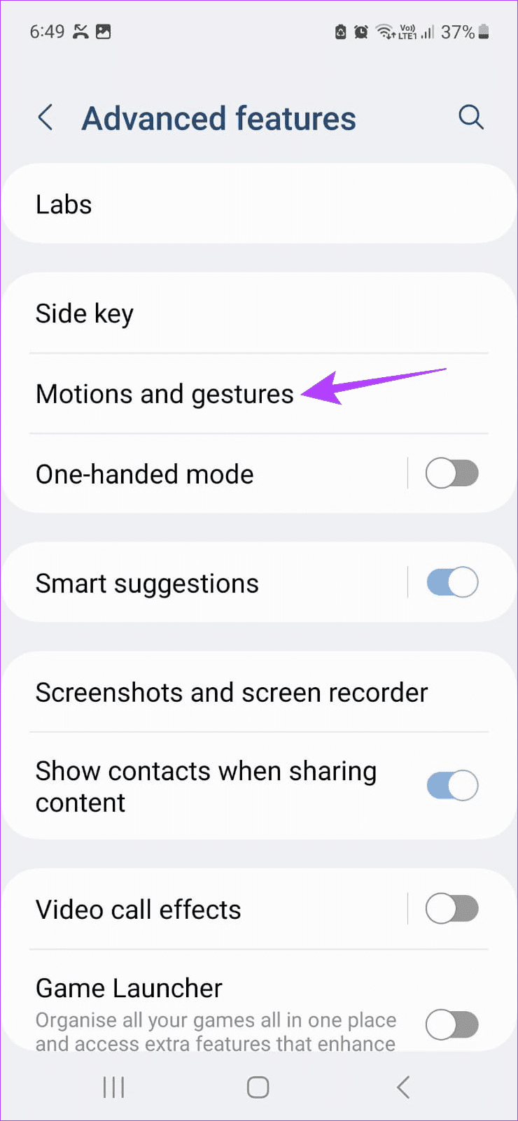 tap on Motions and gestures