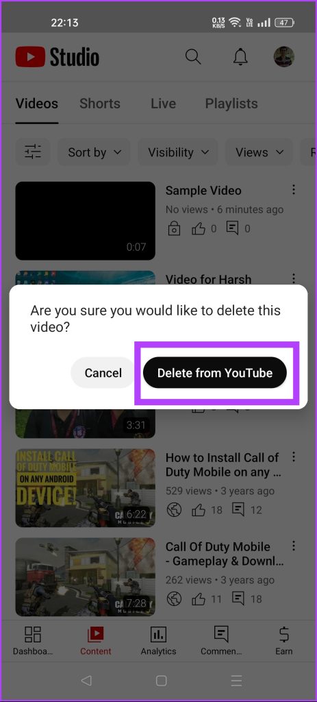 tap on delete from youtube