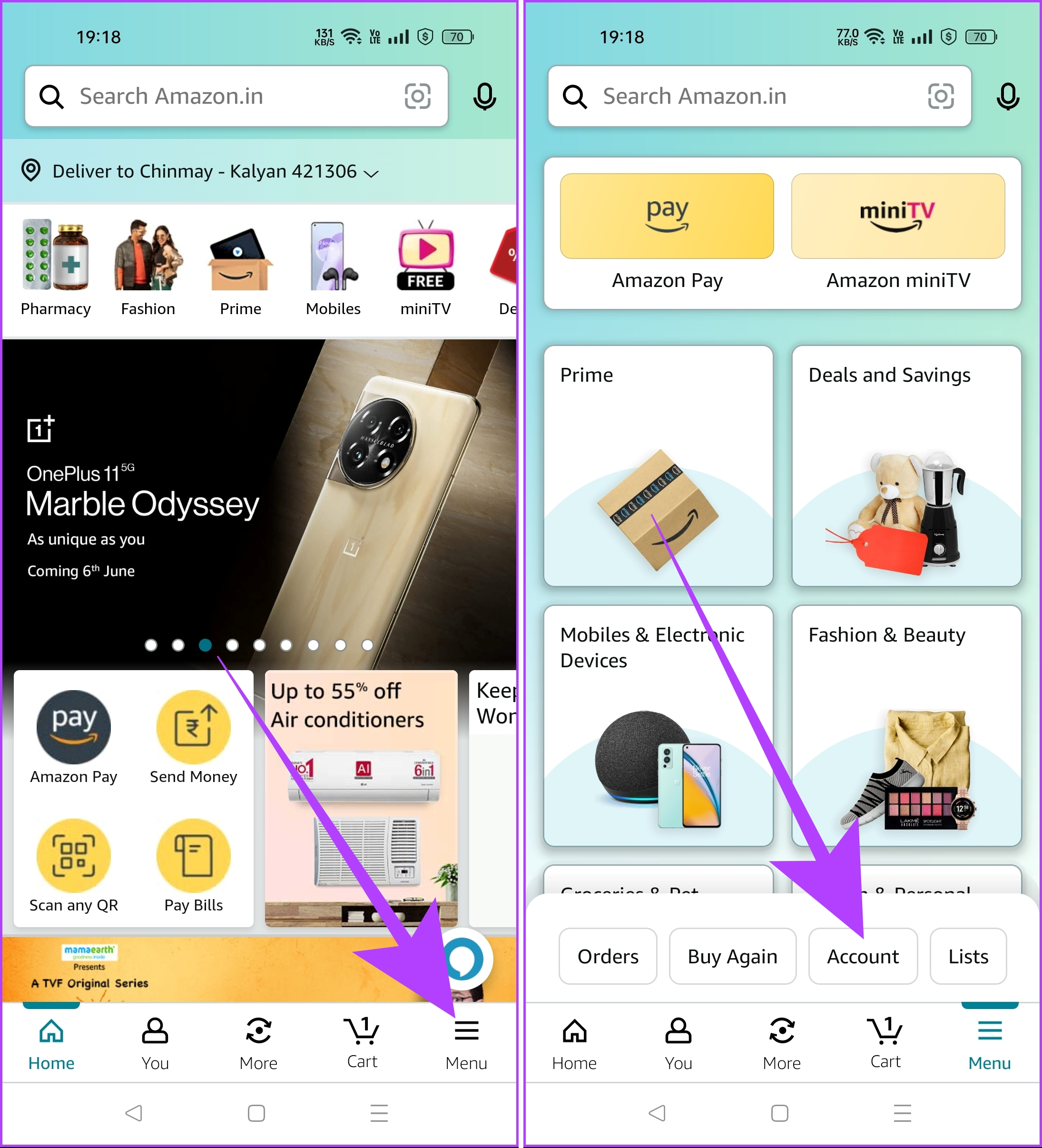 tap on menu and click account