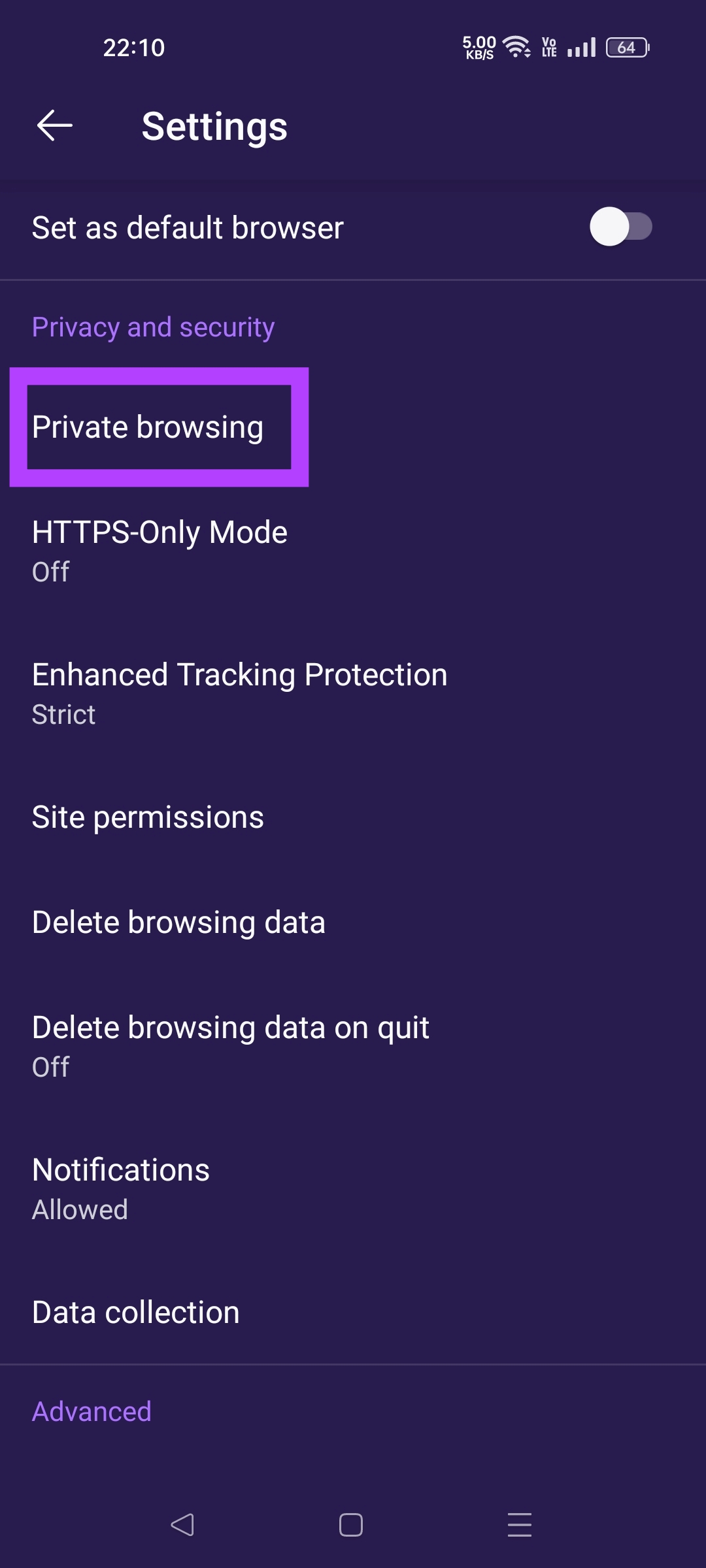 tap on private browsing