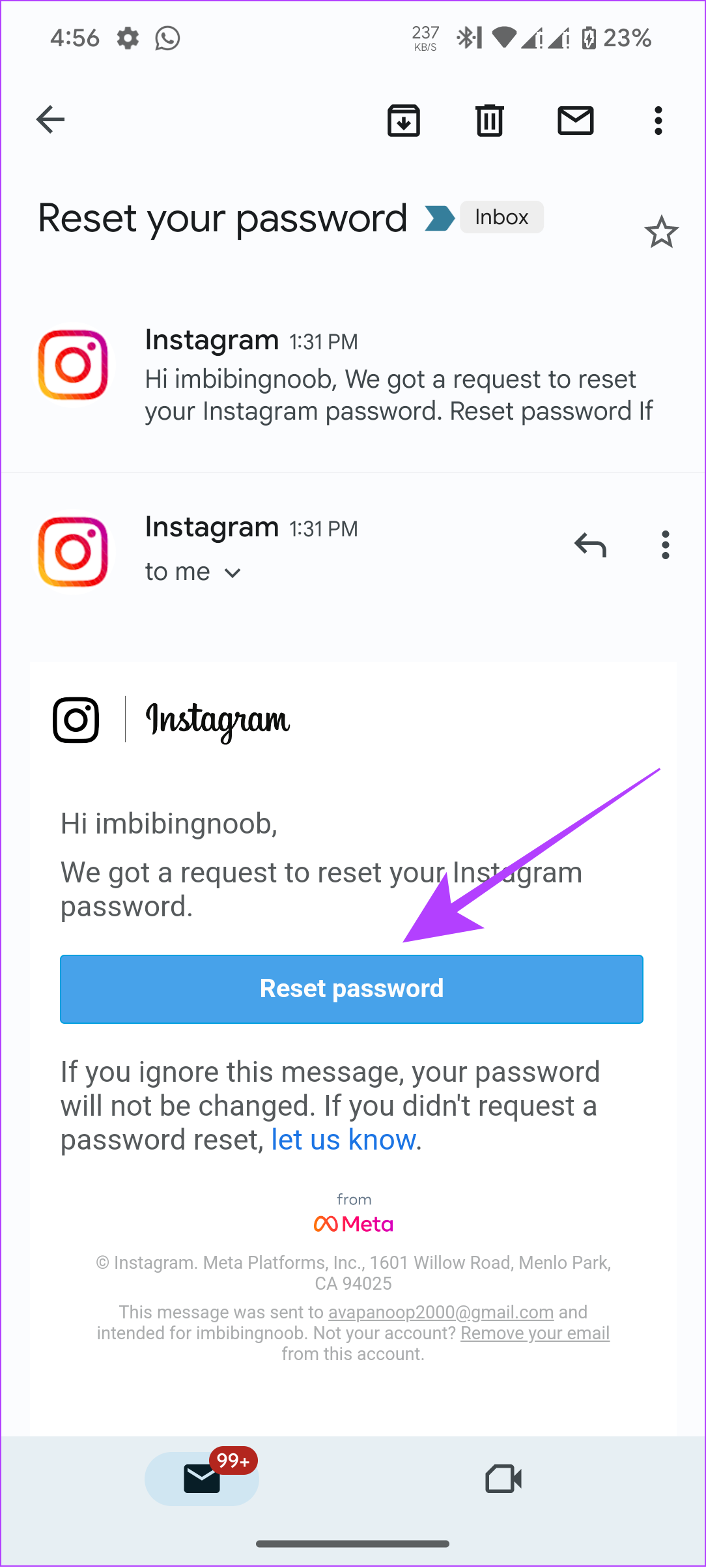 tap reset password for instagram