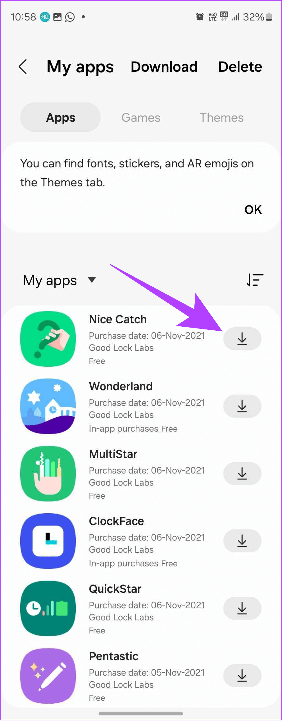 tap the download button next to the app