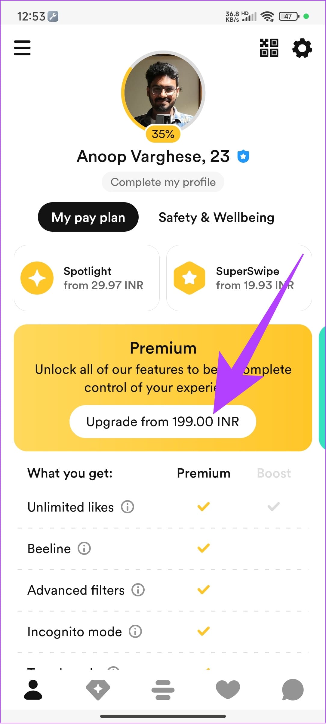 tap upgrade from to choose Bumble Premium Free trial