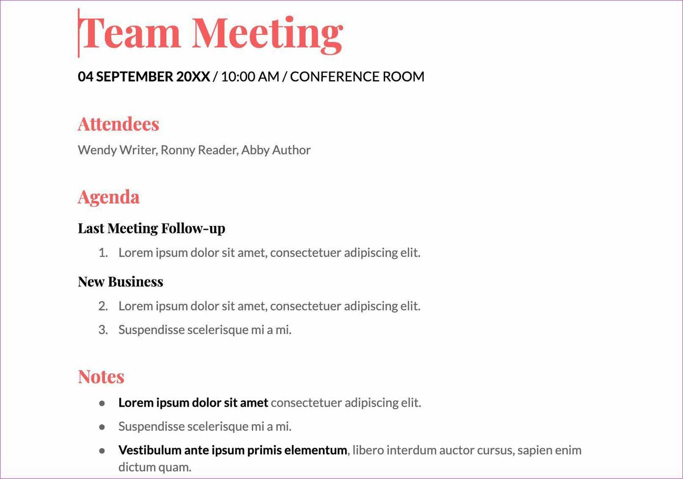 Team meeting template for google docs