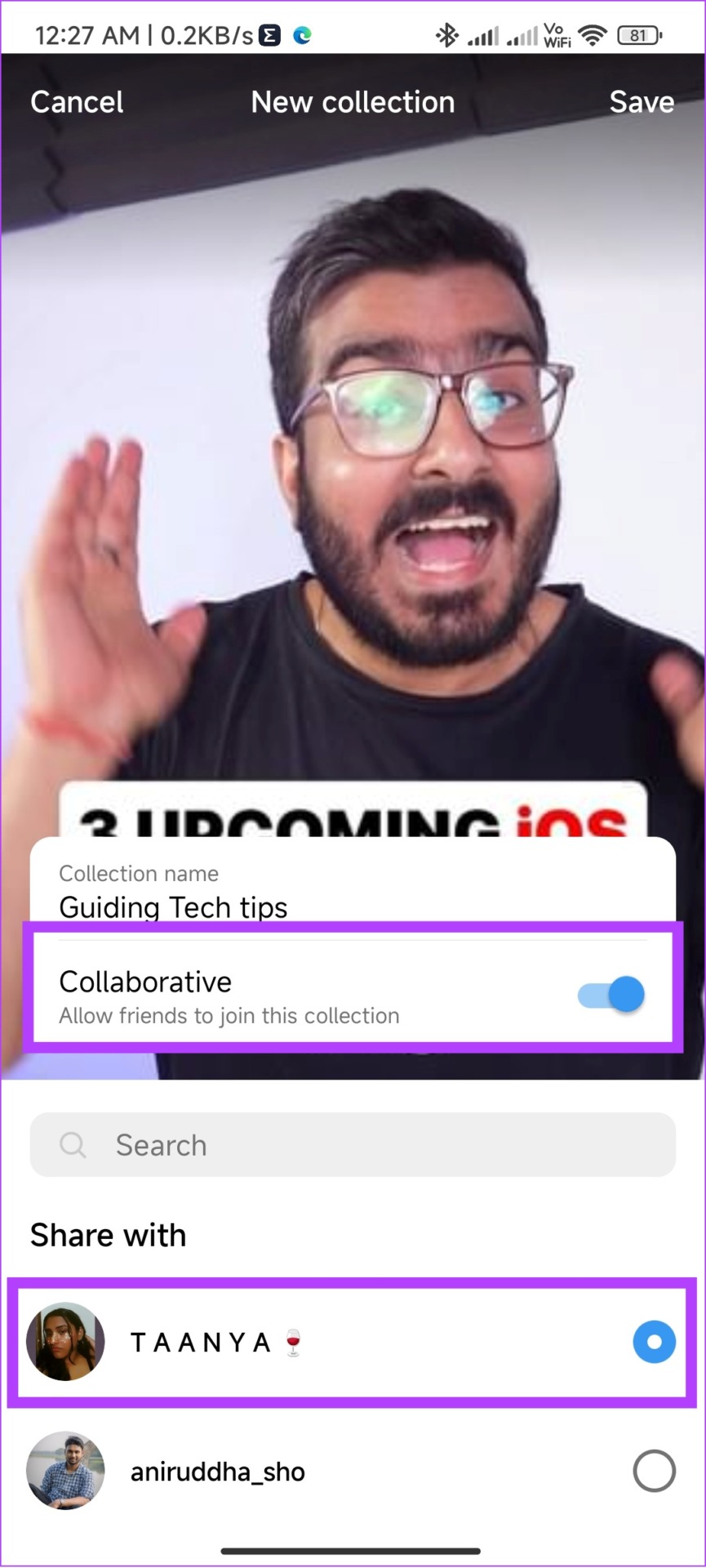 toggle on and add the person to collaboration save