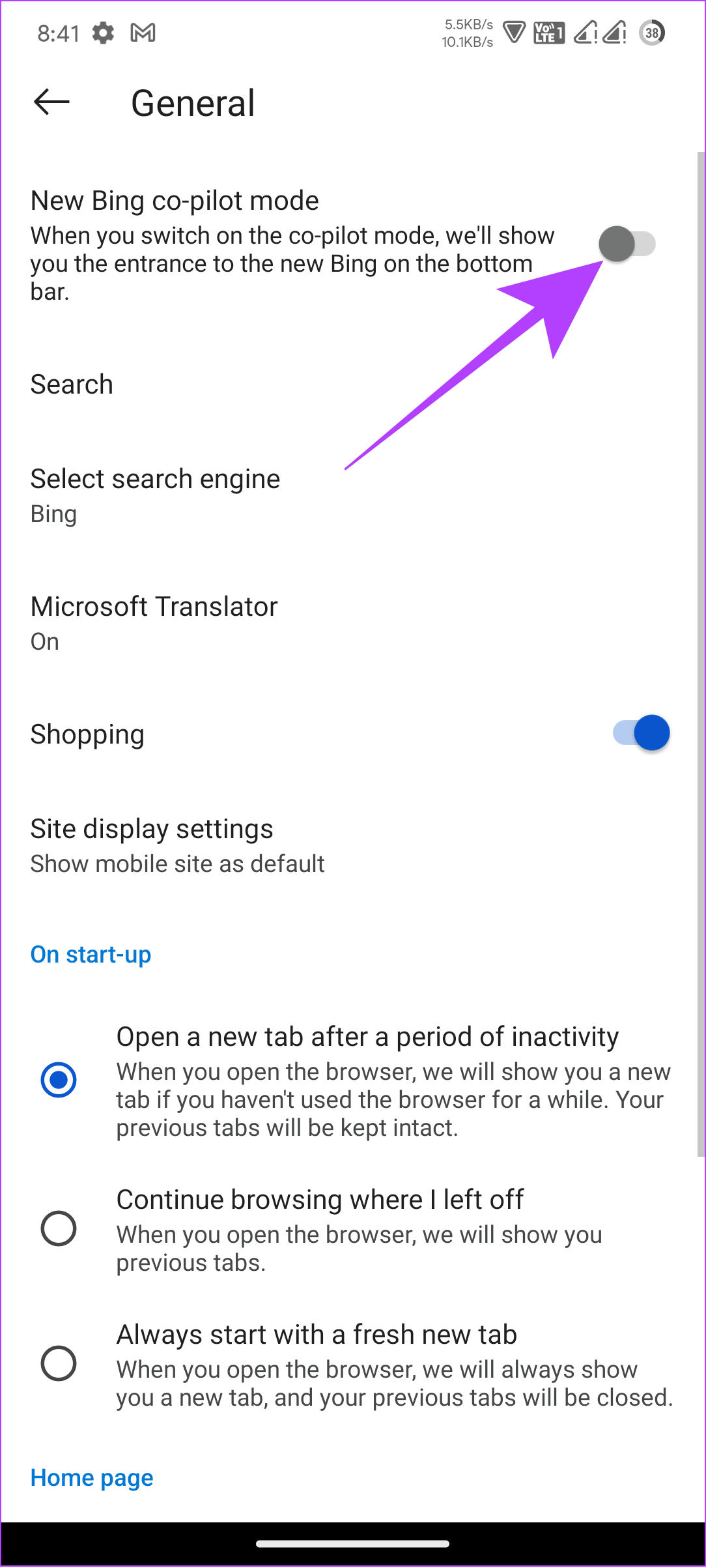 toggle on new Bing co pilot mode