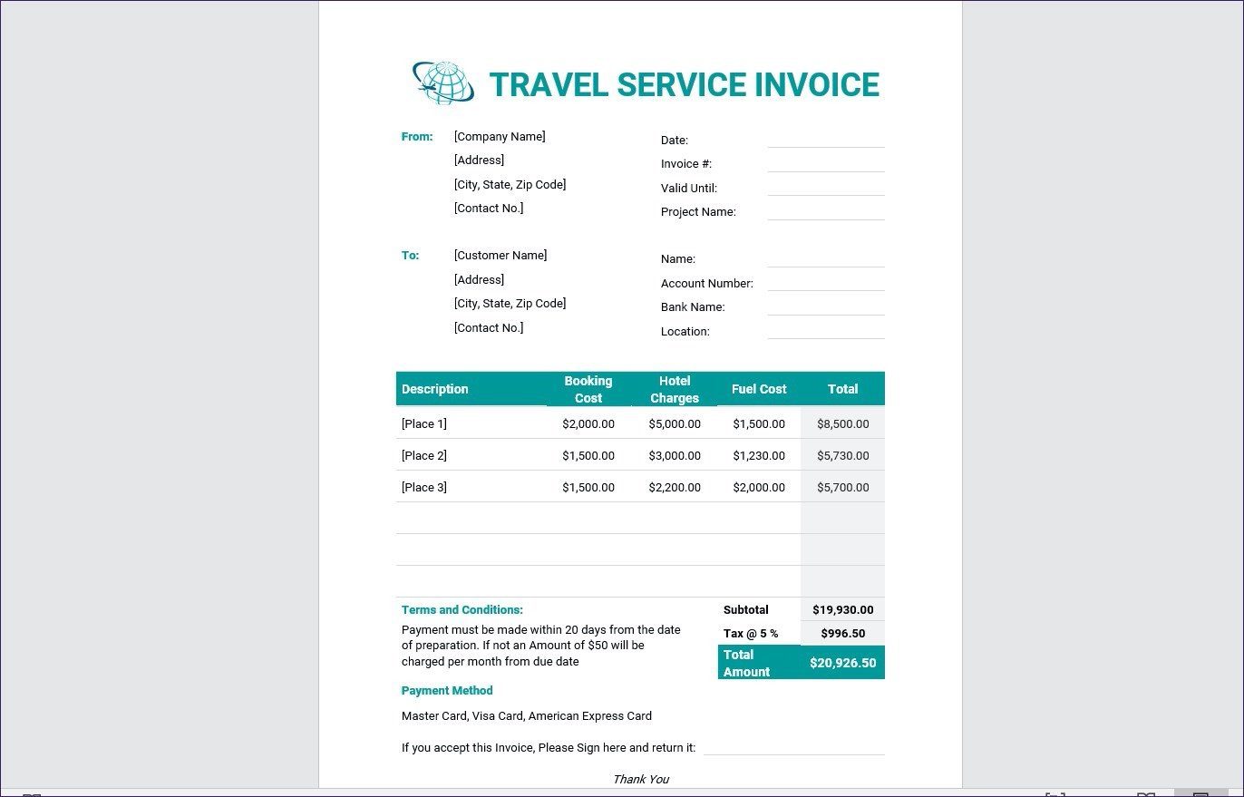 Travel service invoice