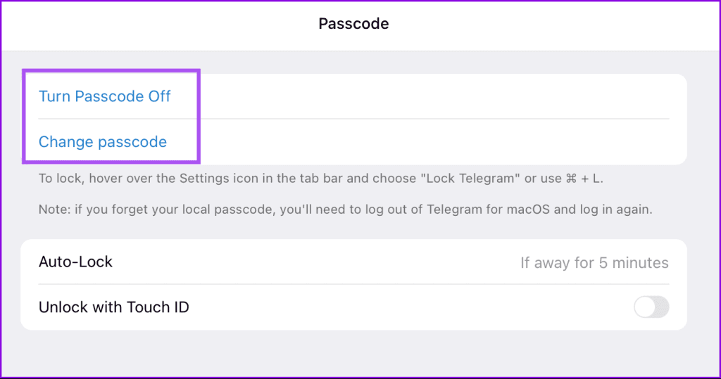 turn passcode off change passcode telegram desktop