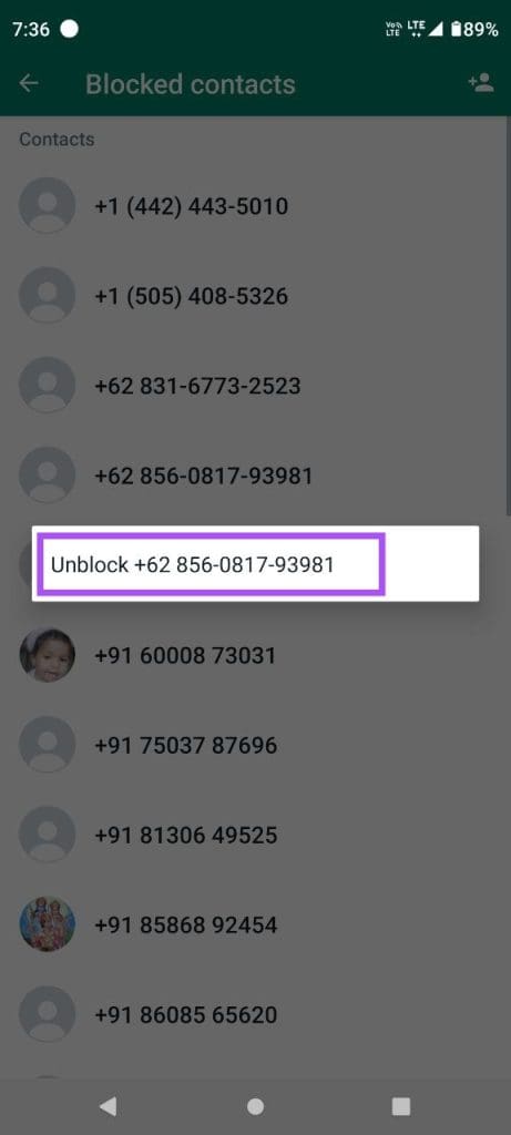 unblock contact whatsapp android
